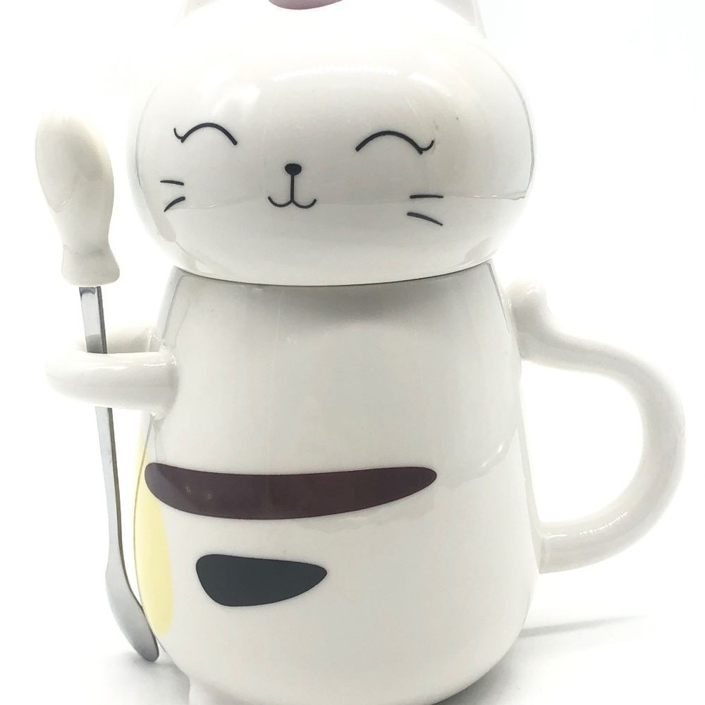 3D Cat Mug Funny Ceramic Coffee Tea Mug with Stirring Spoon and Lid  14 oz